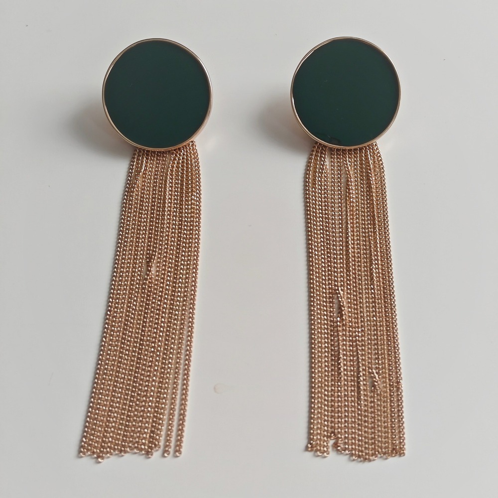 Gold Tone Dark Green Enamel Round Long Drop Earrings Tassel Chain Retro Style
